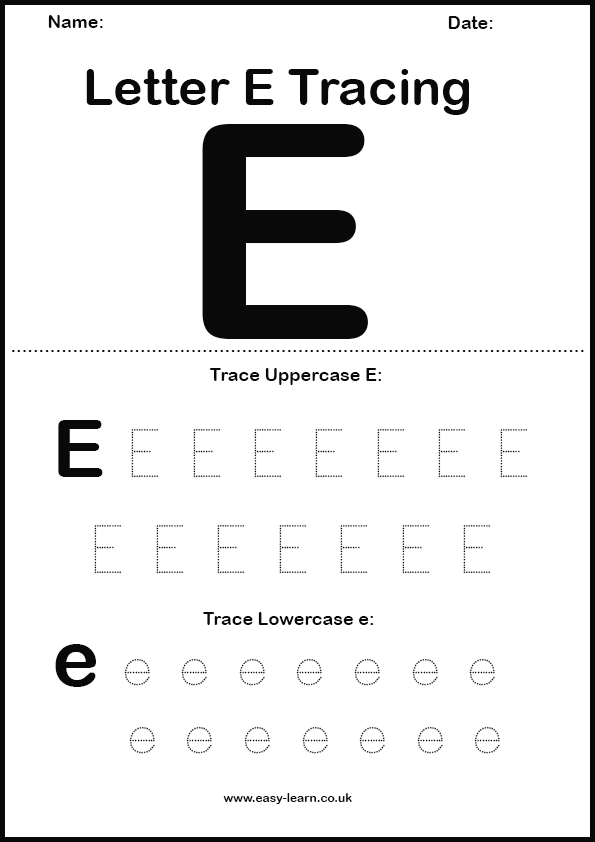 Letter E tracing worksheet for kids