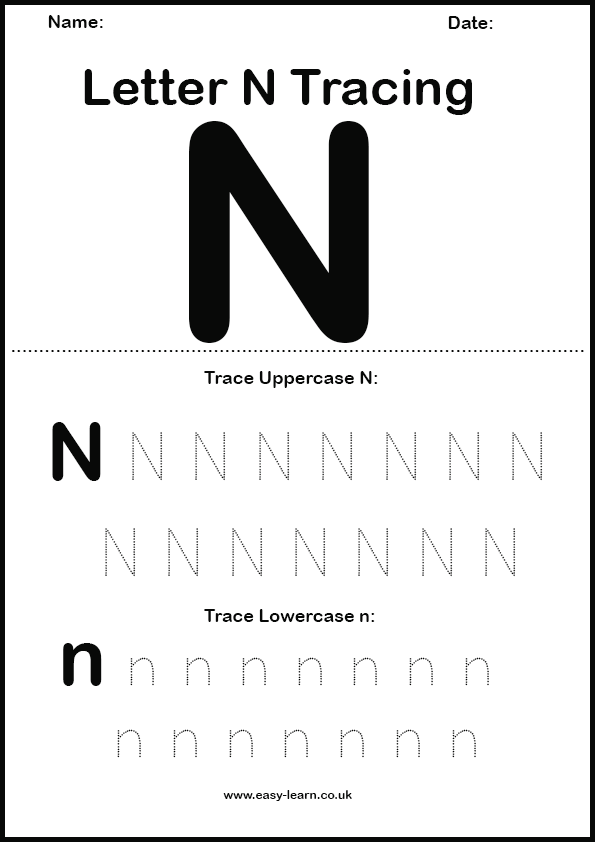 Letter N tracing worksheet for kids