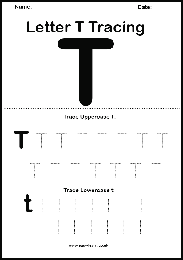 Letter T tracing worksheet for kids